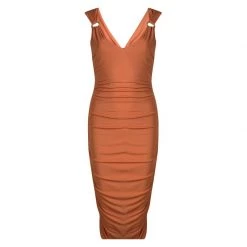 Versace Orange Ruched Sleeveless V- Neck Dress S For Women