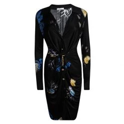 Versace Collection Black Printed Tie Detail Long Sleeve Shirt Dress M For Women