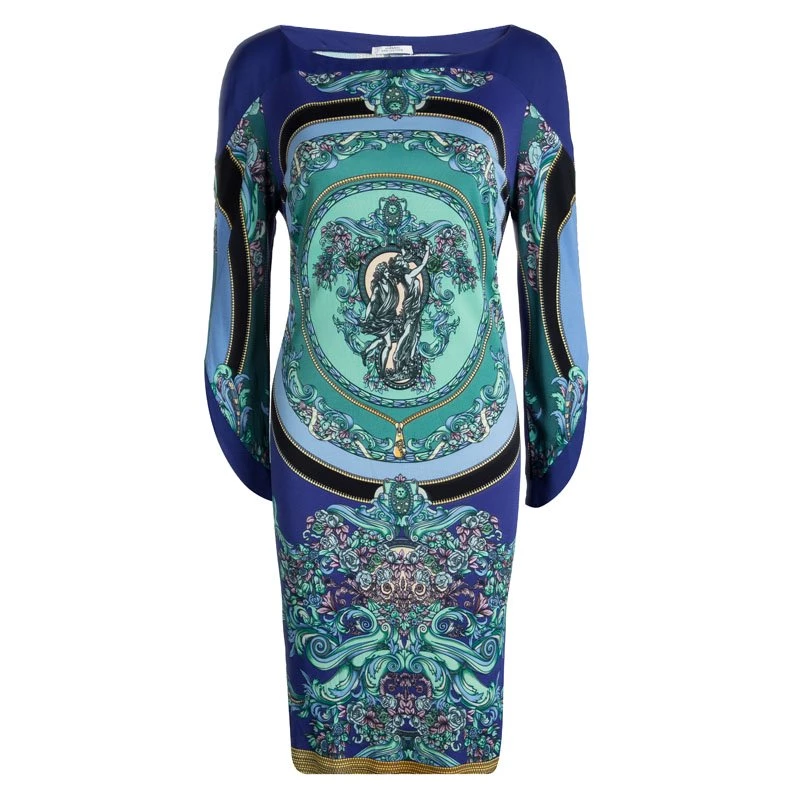 Versace Blue Printed Long Sleeve Dress L For Women