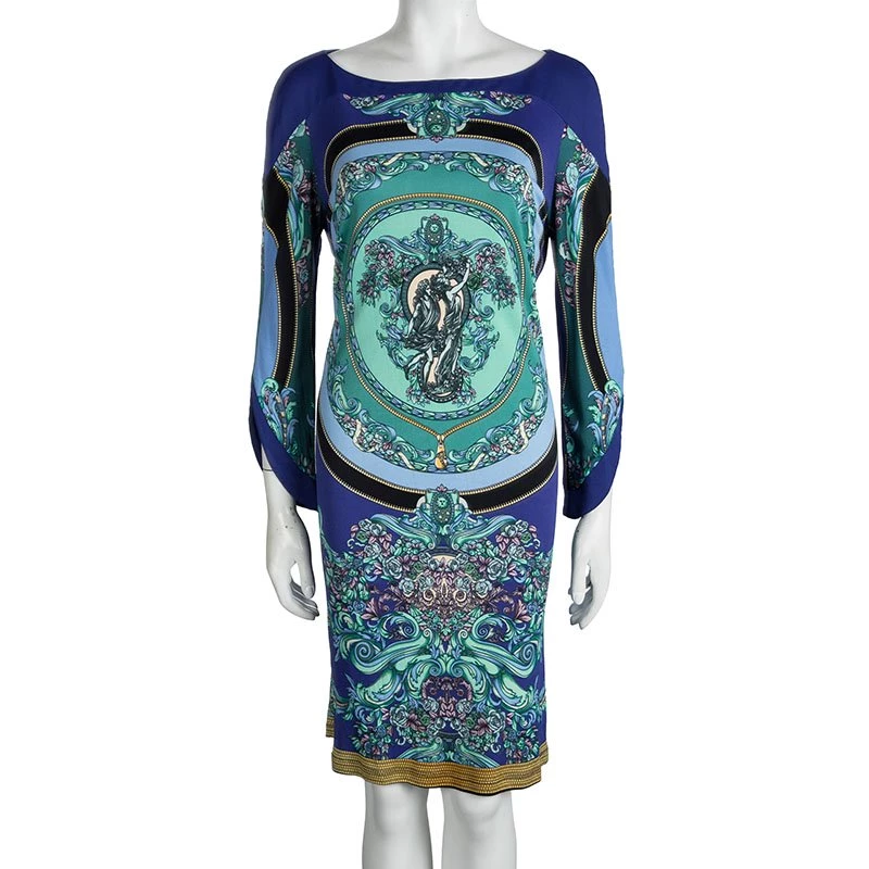 Versace Blue Printed Long Sleeve Dress L For Women - Image 2