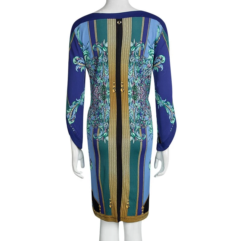 Versace Blue Printed Long Sleeve Dress L For Women - Image 3