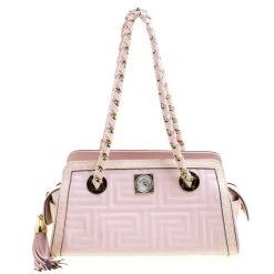 Versace Pink Croc Embossed Trim Leather Signature Shoulder Bag For Women