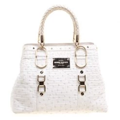 Versace White Ostrich Leather Snap Out Of It Tote For Women
