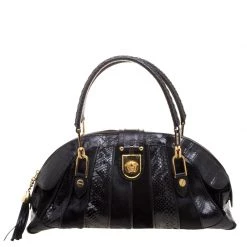 Versace Black Croc, Python, Calfhair And Suede Satchel For Women