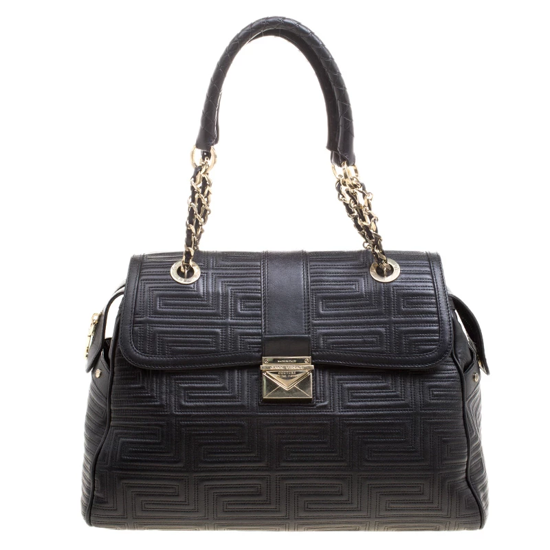 Versace Black Embossed Leather Braided Satchel For Women