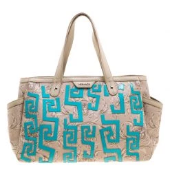 Versace Beige Medusa Print Leather Tote For Women