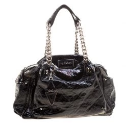 Versace Holographic Black Textured Patent Leather Satchel For Women
