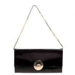 Versace Black Patent Leather Medusa Logo Chain Clutch For Women