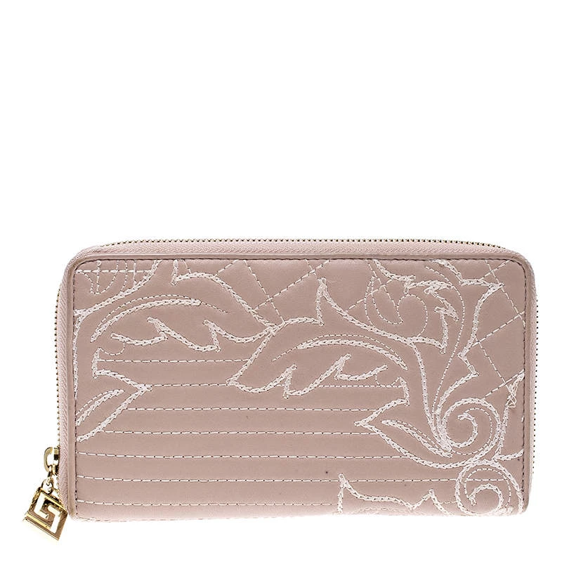 Versace Blush Pink Quilted Leather Vanitas Zip Around Wallet For Women
