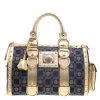 Versace Blue/Gold Fabric And Leather Snap Out Of It Satchel For Women