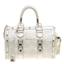 Versace Silver Quilted Patent Leather Snap Out Of It Satchel For Women