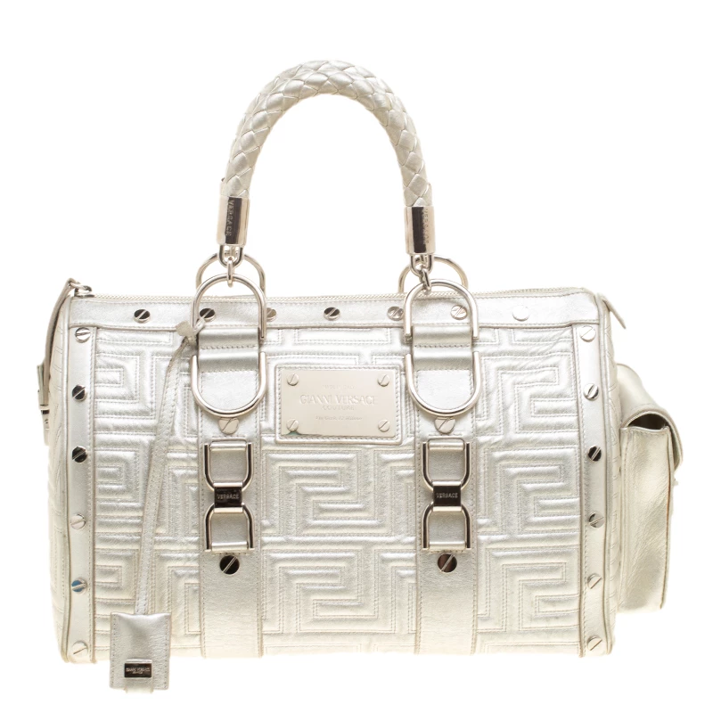 Versace Silver Quilted Patent Leather Snap Out Of It Satchel For Women