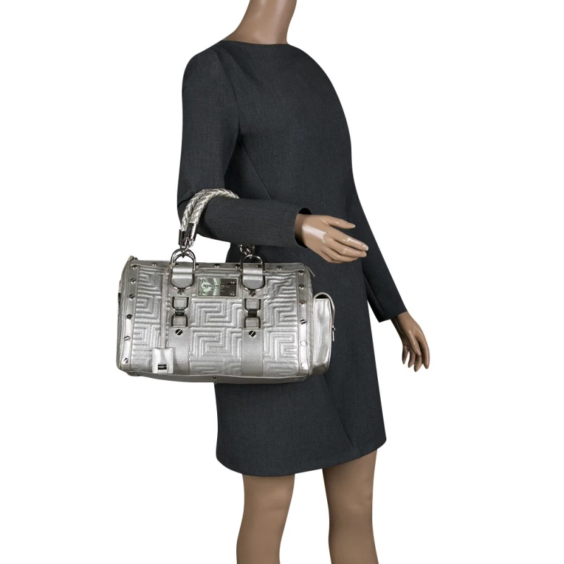 Versace Silver Quilted Patent Leather Snap Out Of It Satchel For Women - Image 2