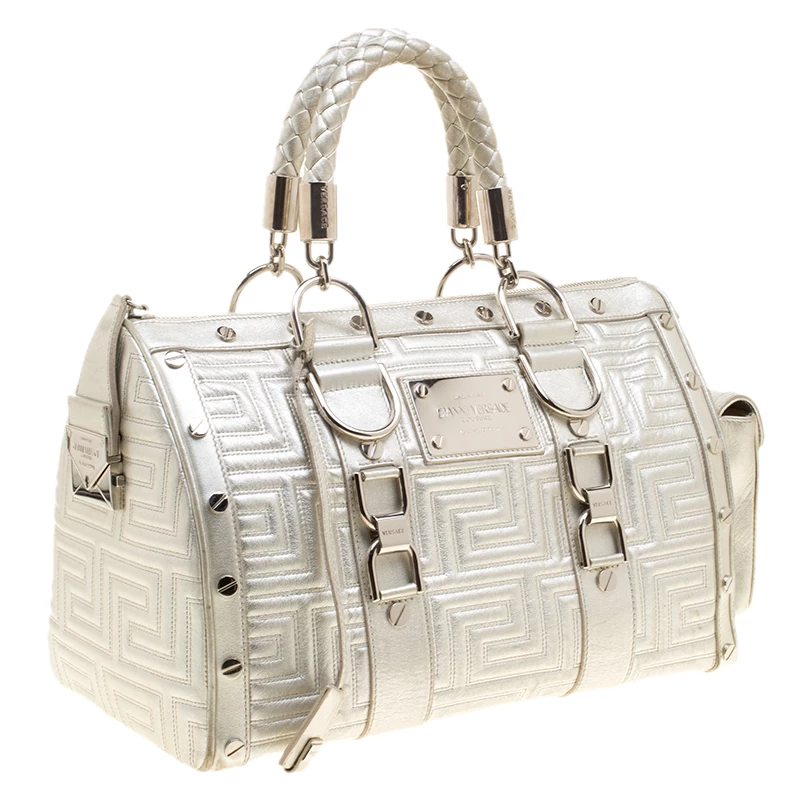 Versace Silver Quilted Patent Leather Snap Out Of It Satchel For Women - Image 3