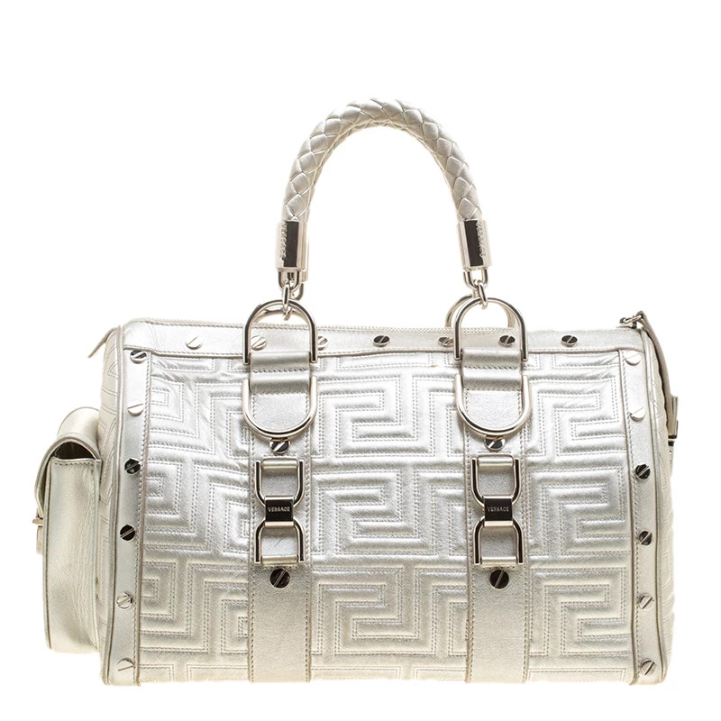 Versace Silver Quilted Patent Leather Snap Out Of It Satchel For Women - Image 4