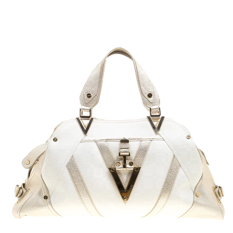 Versace White/Light Gold Canvas And Leather Satchel For Women