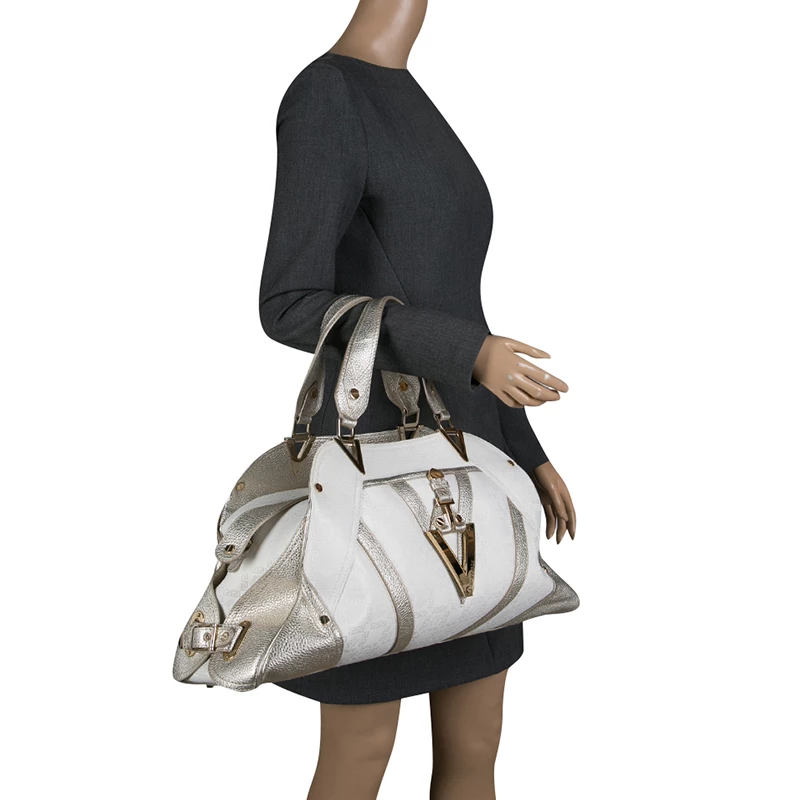 Versace White/Light Gold Canvas And Leather Satchel For Women - Image 2