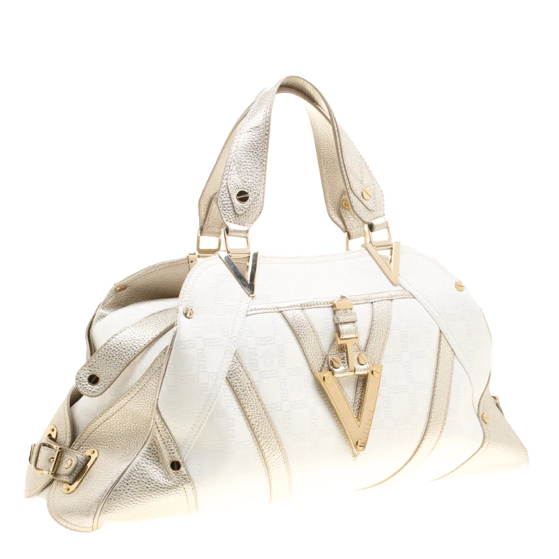 Versace White/Light Gold Canvas And Leather Satchel For Women - Image 3
