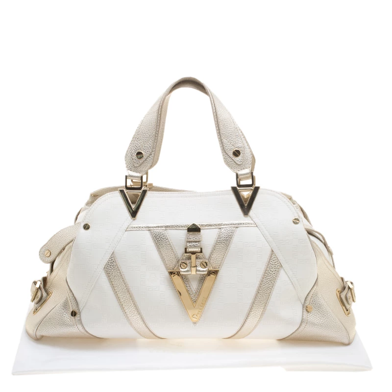 Versace White/Light Gold Canvas And Leather Satchel For Women - Image 10