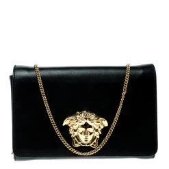 Versace Black Leather Evening Palazzo Chain Clutch For Women