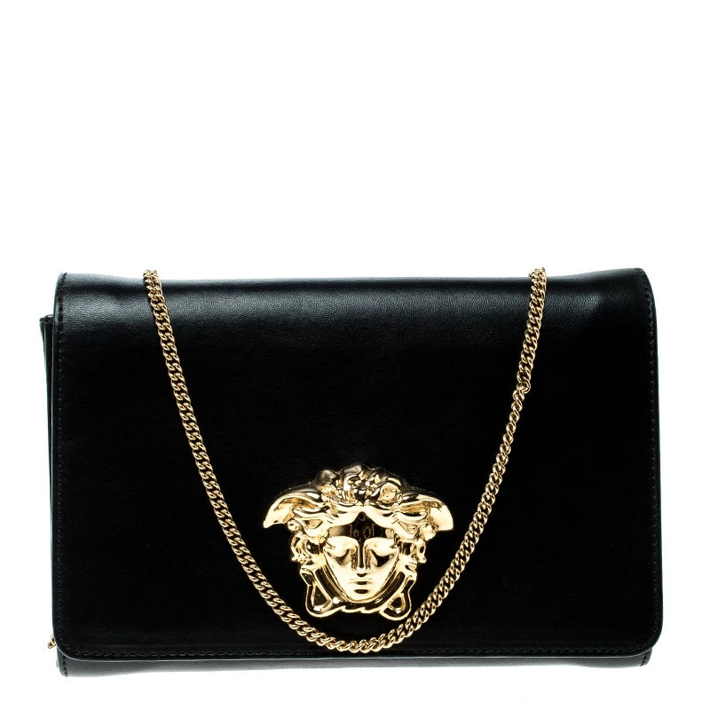 Versace Black Leather Evening Palazzo Chain Clutch For Women