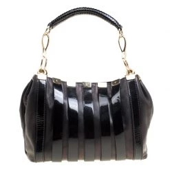 Versace Black Leather And Patent Stripe Logo Shoulder Bag For Women