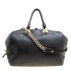 Versace Black Leather And Floral Print Fabric Top Handle Bag For Women