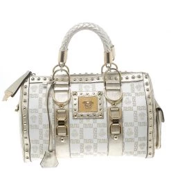 Versace White/Gold Fabric And Leather Snap Out Of It Satchel For Women