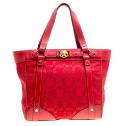 Versace Red Signature Fabric And Leather Tote For Women