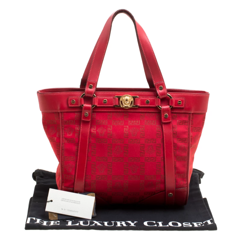 Versace Red Signature Fabric And Leather Tote For Women - Image 9