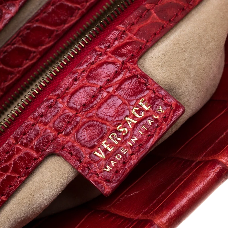 Versace Red Croc Embossed Leather Top Handle Bag For Women - Image 8