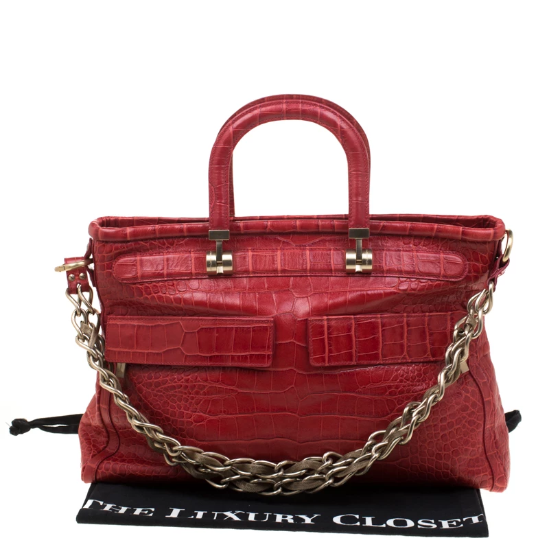 Versace Red Croc Embossed Leather Top Handle Bag For Women - Image 9