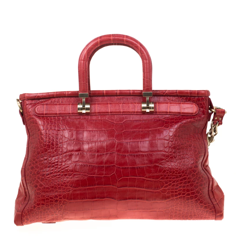 Versace Red Croc Embossed Leather Top Handle Bag For Women - Image 4