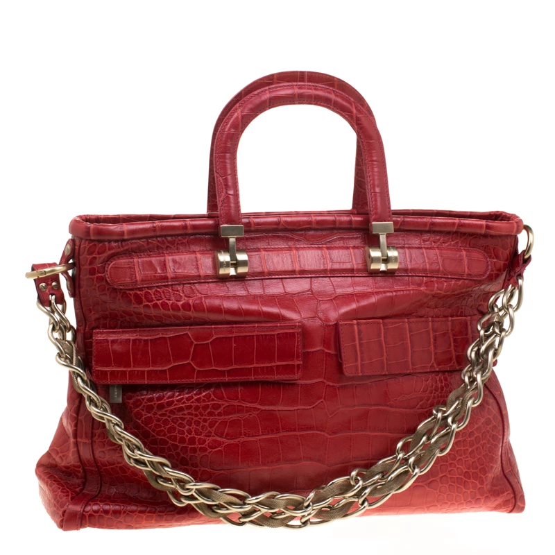 Versace Red Croc Embossed Leather Top Handle Bag For Women - Image 3