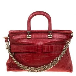 Versace Red Croc Embossed Leather Top Handle Bag For Women