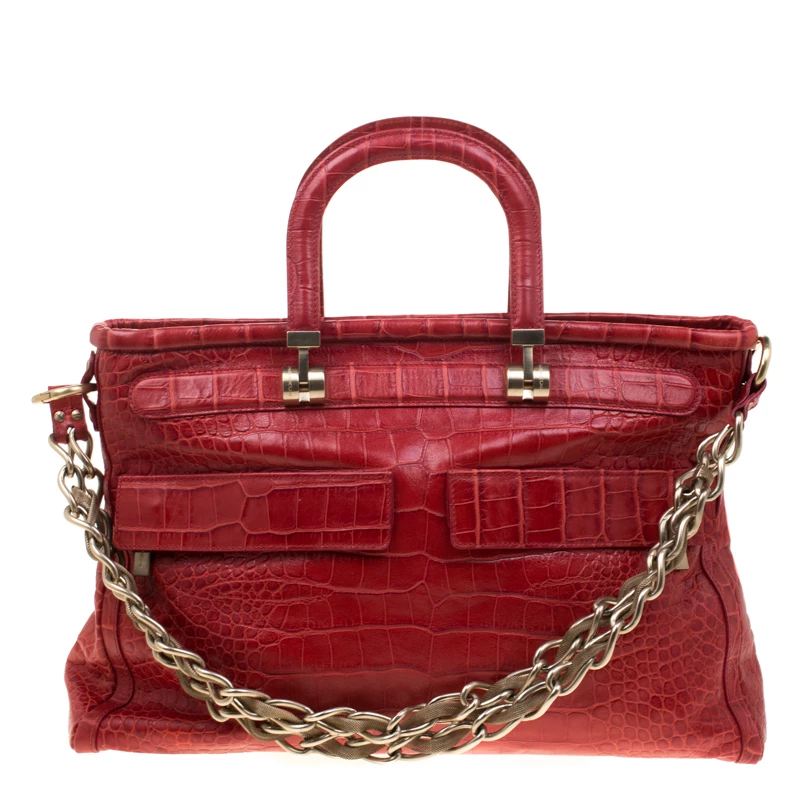Versace Red Croc Embossed Leather Top Handle Bag For Women