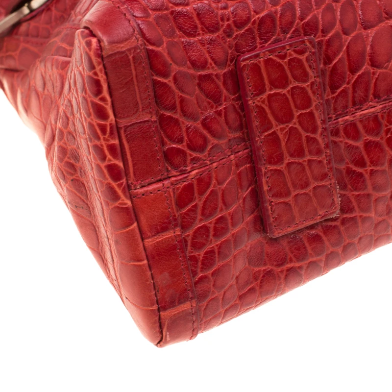 Versace Red Croc Embossed Leather Top Handle Bag For Women - Image 10
