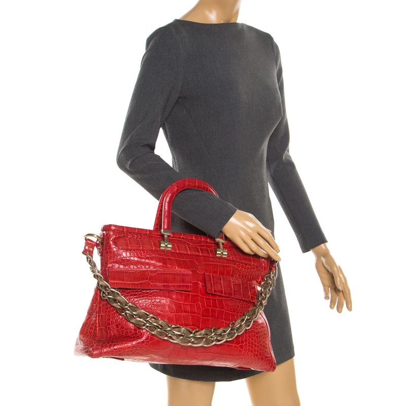 Versace Red Croc Embossed Leather Top Handle Bag For Women - Image 2