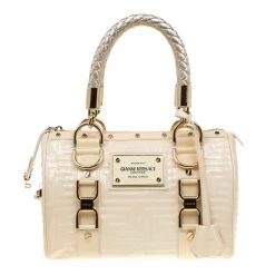 Versace Off White Quilted Patent Leather Small Snap Out Of It Satchel For Women