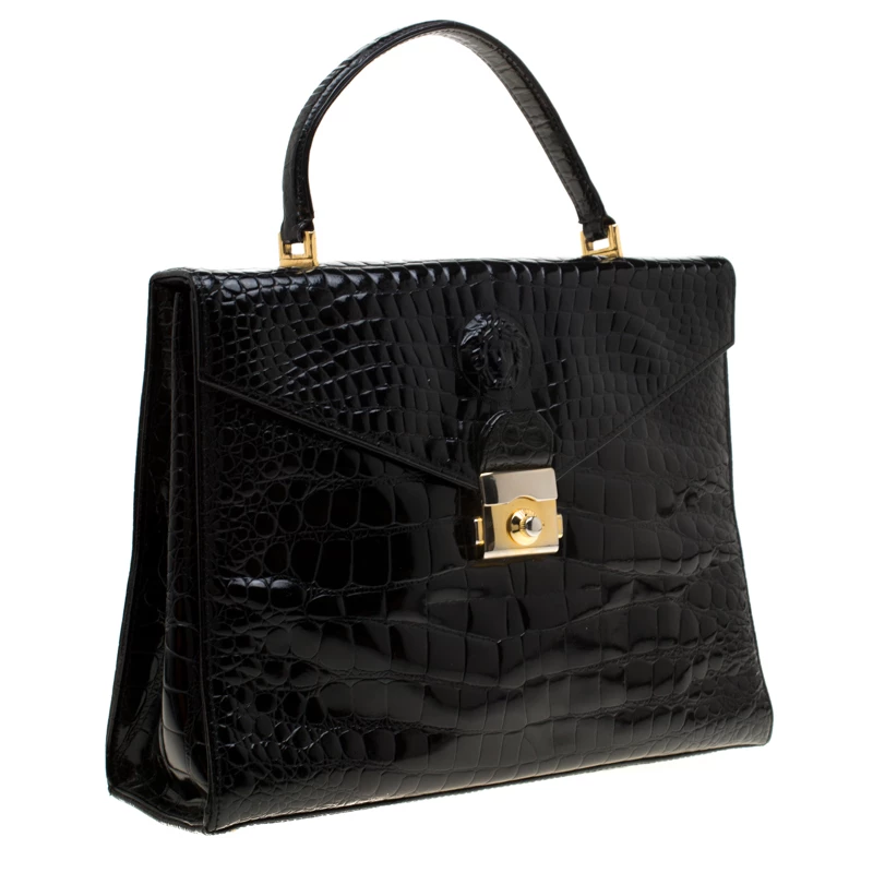 Versace Black Croc Embossed Leather Tote For Women - Image 3