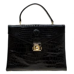 Versace Black Croc Embossed Leather Tote For Women