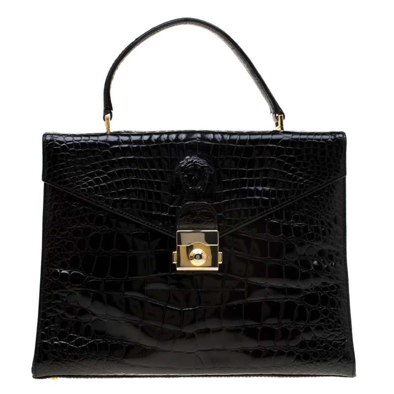 Versace Black Croc Embossed Leather Tote For Women