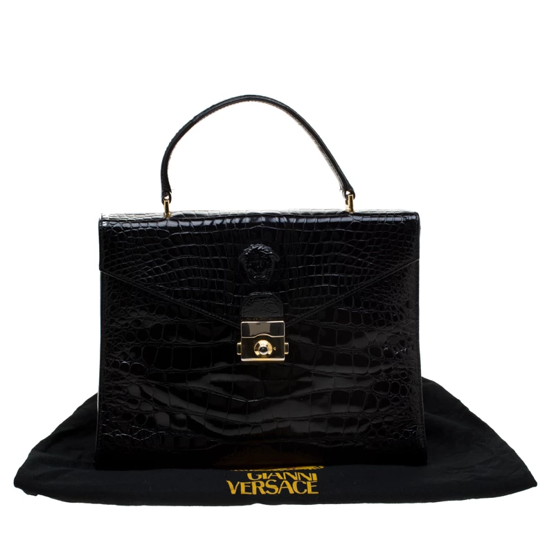 Versace Black Croc Embossed Leather Tote For Women - Image 9