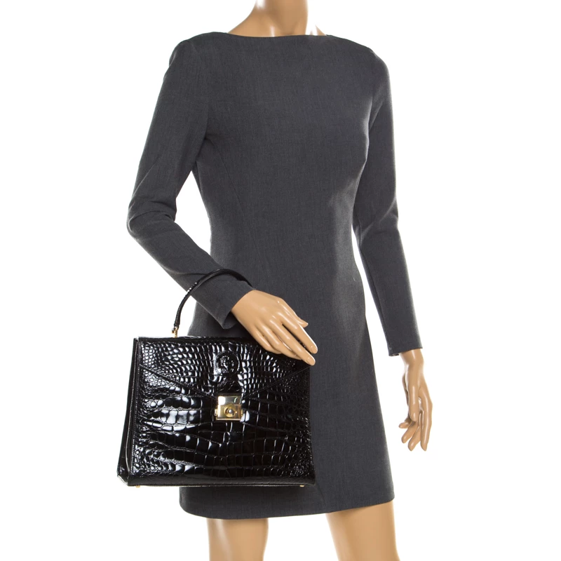 Versace Black Croc Embossed Leather Tote For Women - Image 2
