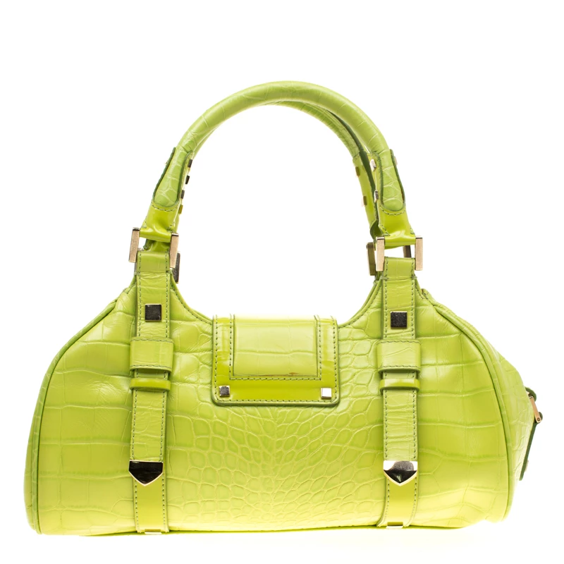 Versace Green Croc Embossed Leather Satchel For Women - Image 4