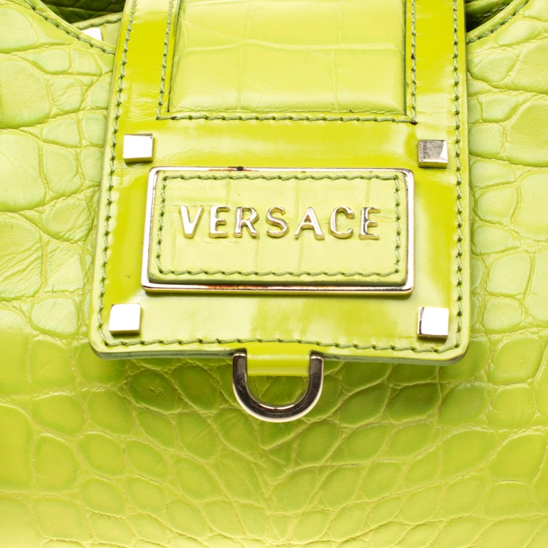 Versace Green Croc Embossed Leather Satchel For Women - Image 5