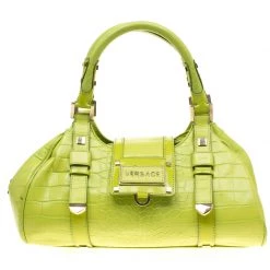 Versace Green Croc Embossed Leather Satchel For Women