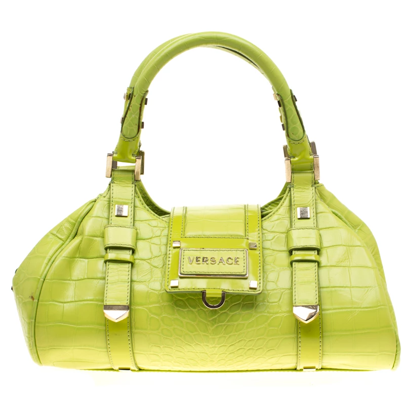 Versace Green Croc Embossed Leather Satchel For Women