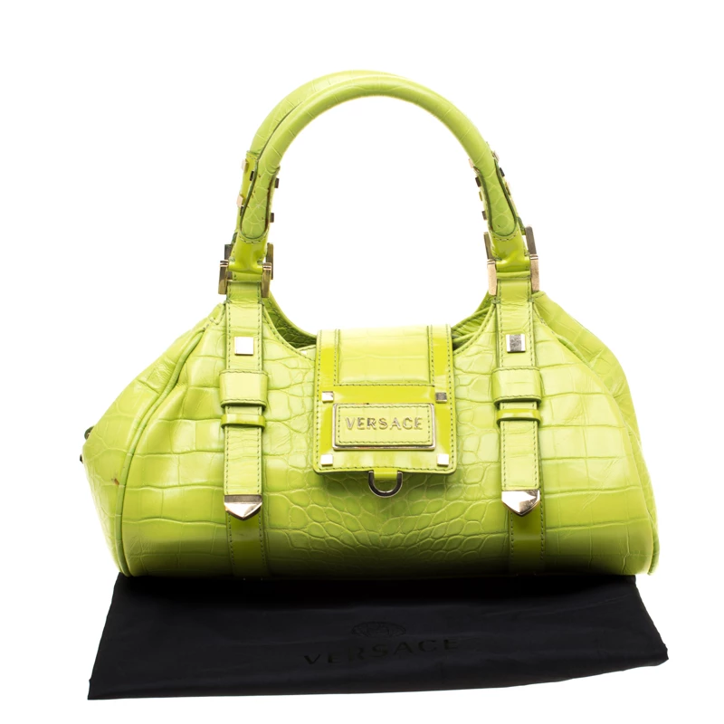 Versace Green Croc Embossed Leather Satchel For Women - Image 9