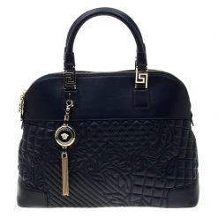 Versace Navy Blue Quilted Leather Athena Vanitas Top Handle Bag For Women